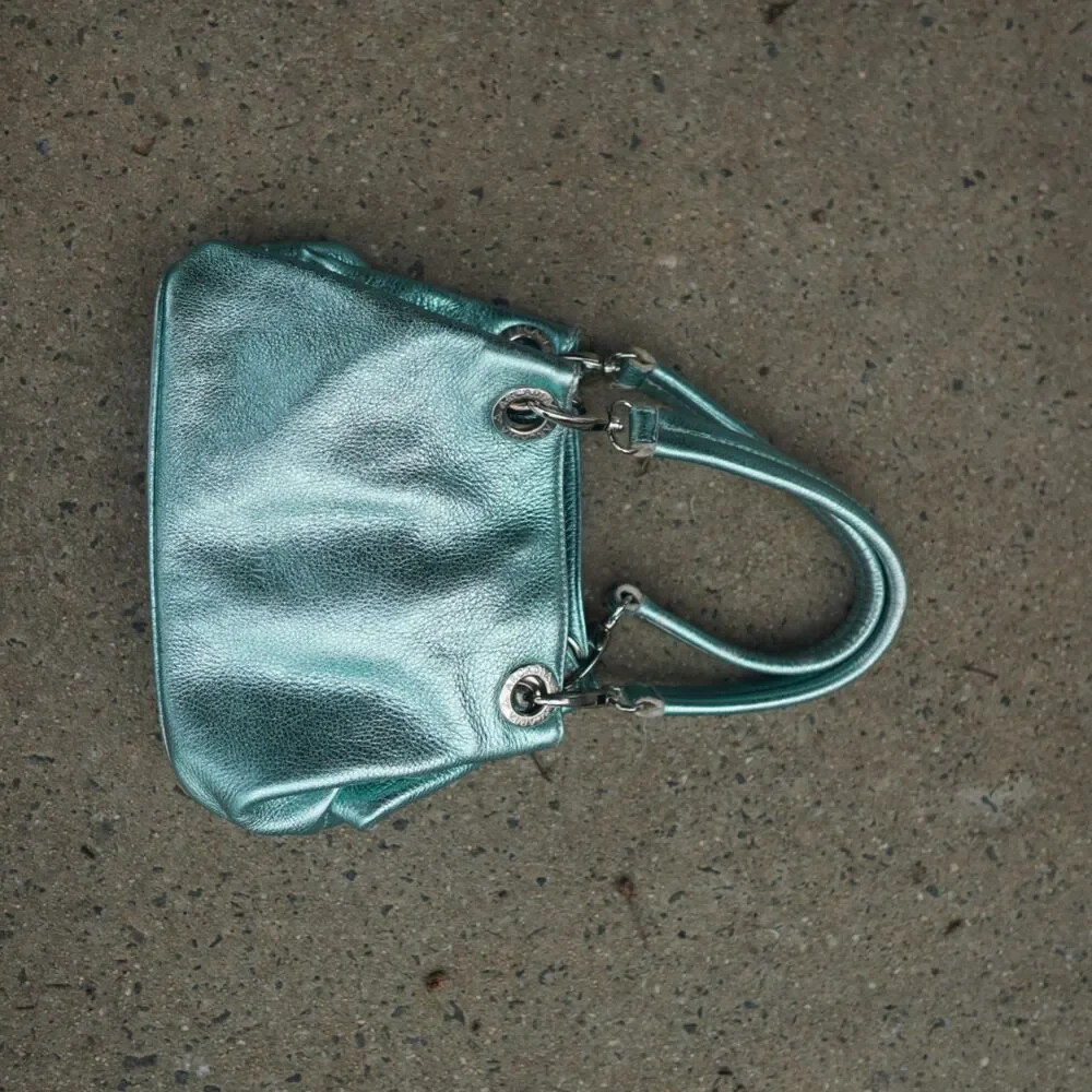 Arcadia Italy Metallic Turquoise Leather Grommet Shoulder Bag Y2K Vintage RARE